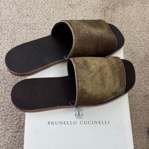 Brunello Cucinelli Olive and Black Slide Sandals
